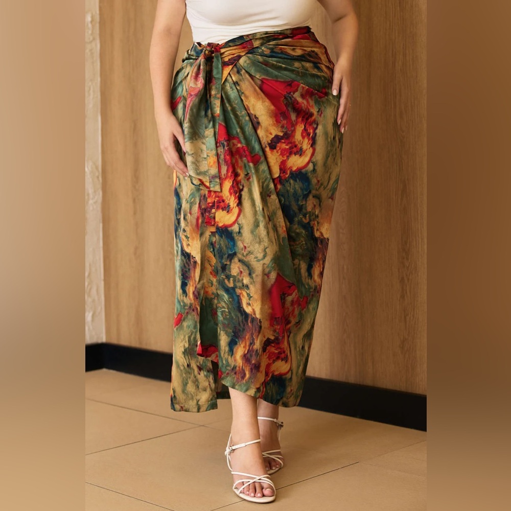 Micas Plus Size Abstract Print Satin Tie Front Skirt - Picture 4 of 15